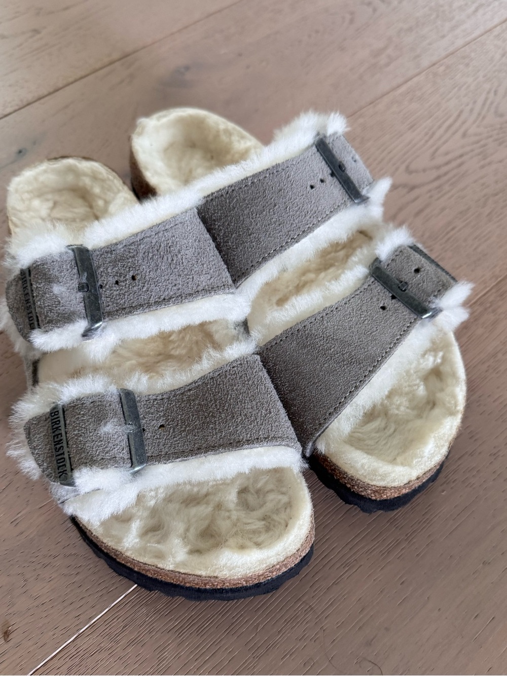 Birkenstock Arizona Shearling Suede Sandals Grey Size 38